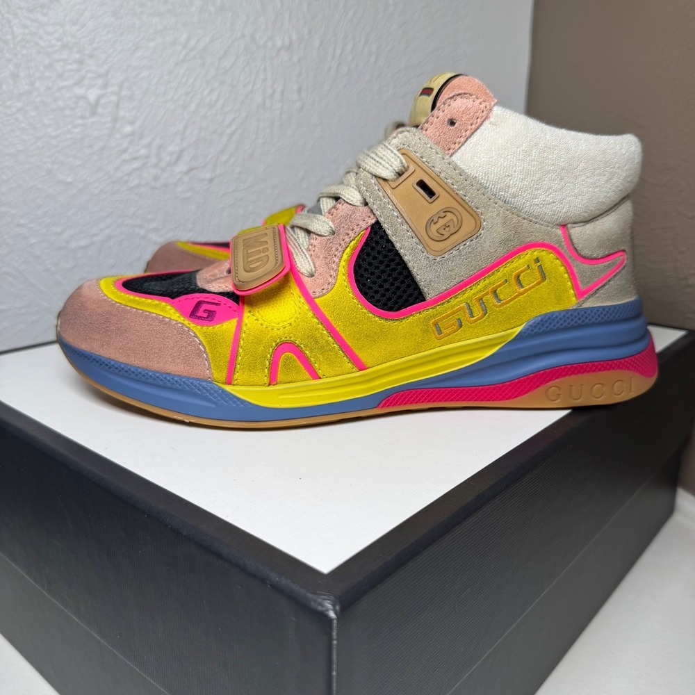 NEW Gucci Ultrapace RT Mid Top Sneakers Yellow Pink Blue M 6.5/ W 8-8.5 - Picture 13 of 15